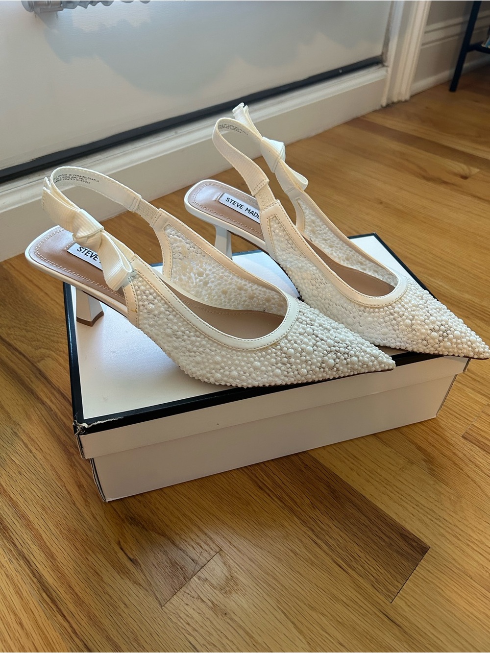 Steve Madden Ivory Beaded Pointed Slingback Heels